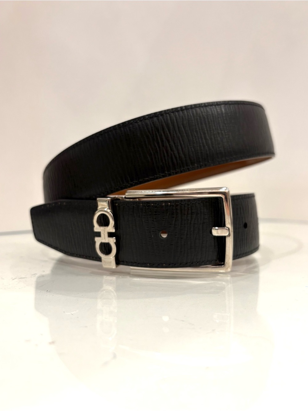 $550 Ferragamo Reversible Leather Belt Gancini Silver Buckle Black Brown 100cm